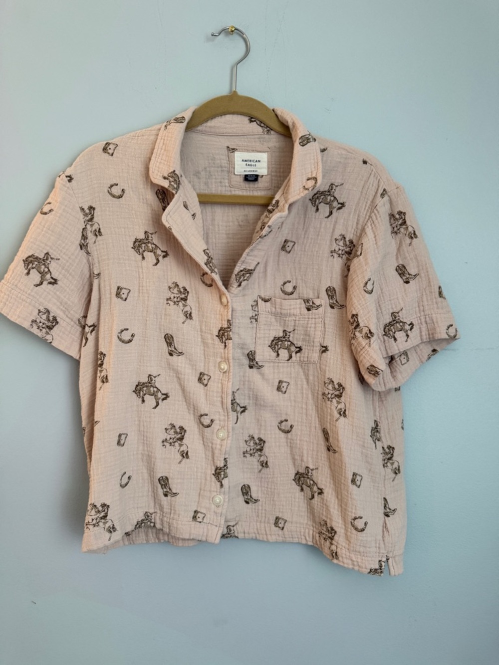 American Eagle Outfitters Light beige Western Print Button-Up Blouse